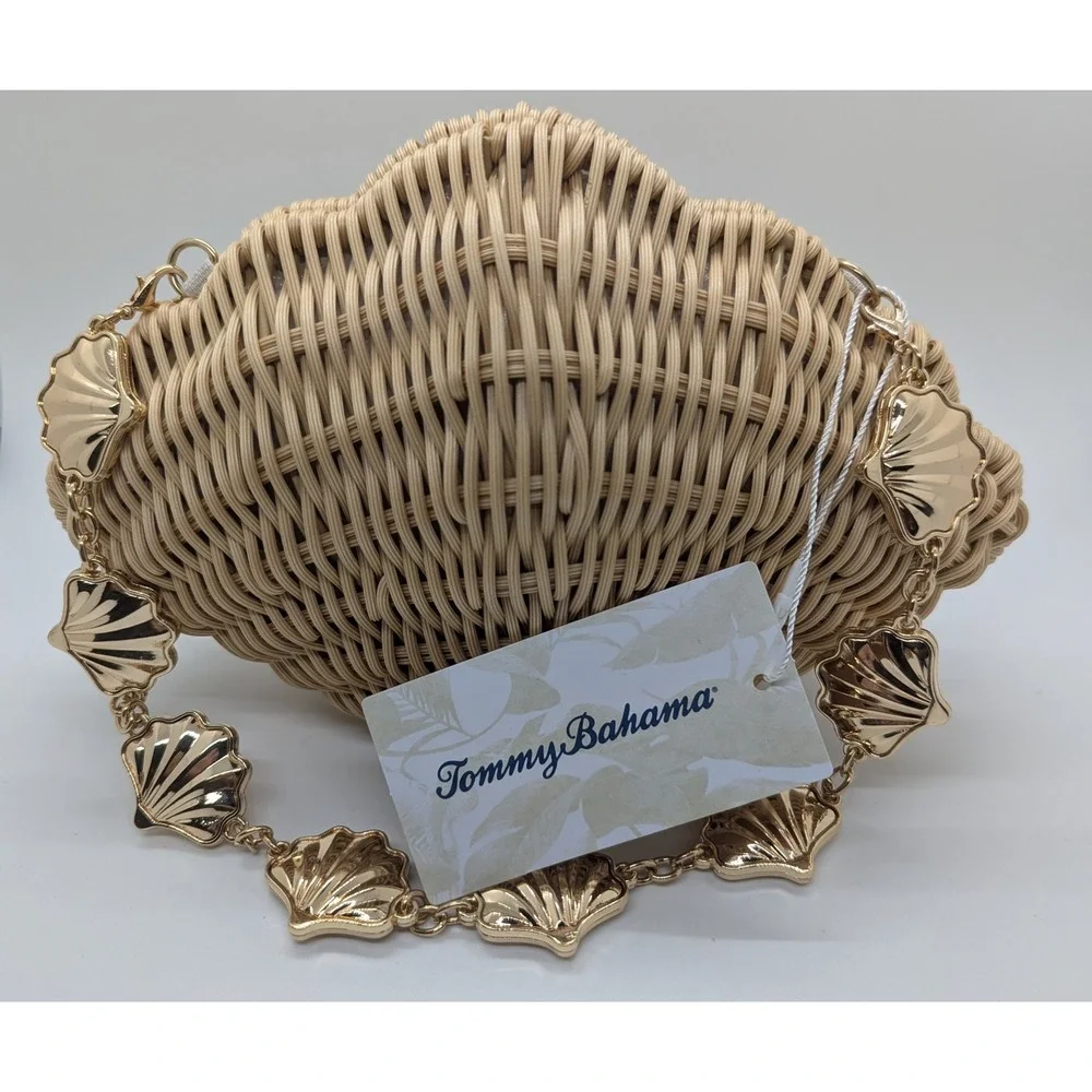 NEW Tommy Bahama Woven Shell Clutch Bag Natural Tan Gold Shell Chain WW0001